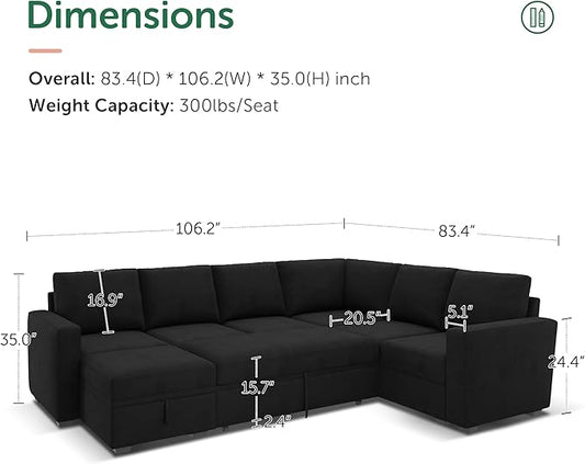 HONBAY Sectional Sleeper Couch with Pull Out Bed, U Shaped Sectional Sofa with Storage, Modular Velvet Sectional Couches for Living Room, Black