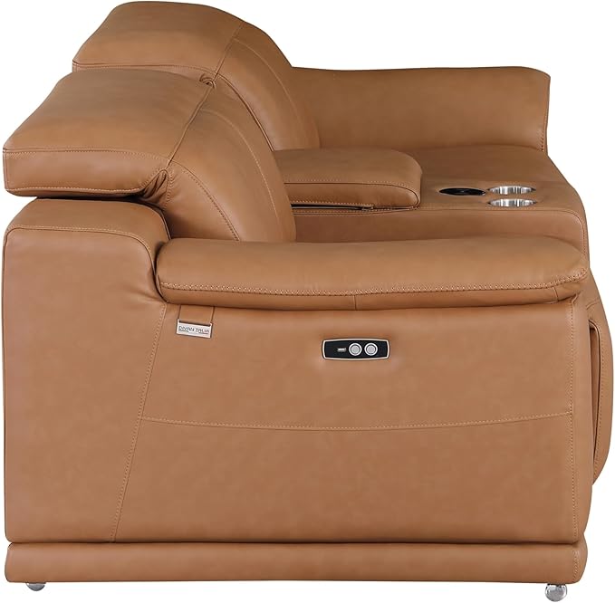 BlackJack Furniture Venice Top Grain Italian Leather Power Recline Loveseat Sofa - 93" Theater Seating Modern Couch for Living Room Apartment Lounge Home with Adjustable Headrests & USB Port, Cognac