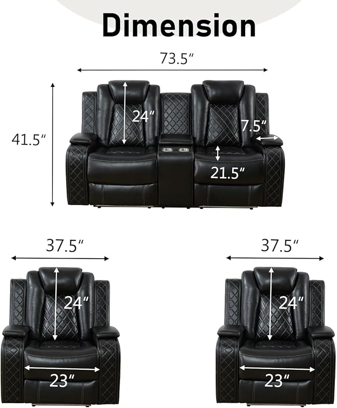 Power Recliner Loveseat and 2 Chairs, Air Leather Reclining Couch with LED/Cup Holders/Storage, 3 Pieces Reclining Living Room Furniture, Black Leather Loveseat and Chairs for House/Apartment/Office
