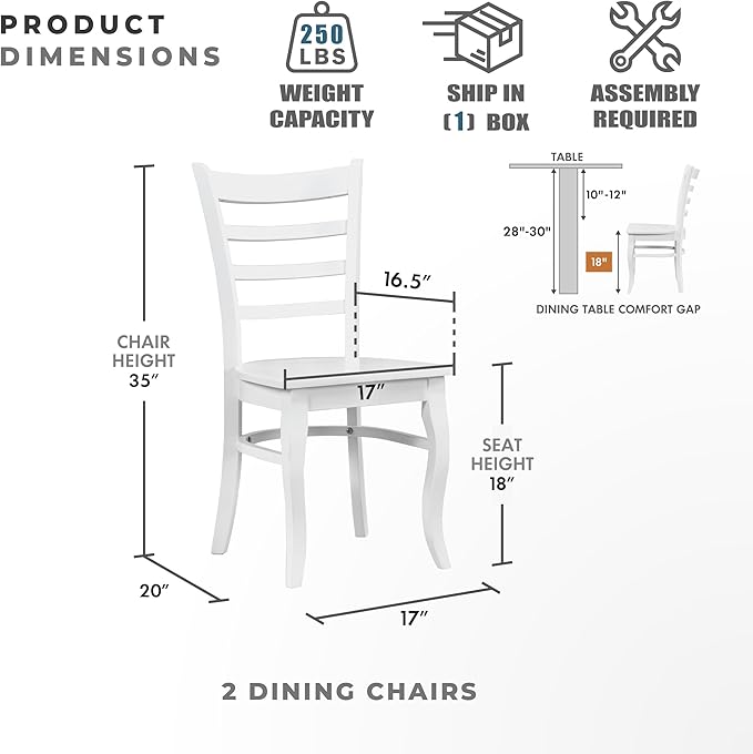 Lexicon Modern Dining Chair Set of 2, Solid Rubber Wood Kitchen & Dining Room Chairs, Armless, Ladder Back, Easy to Assemble, White