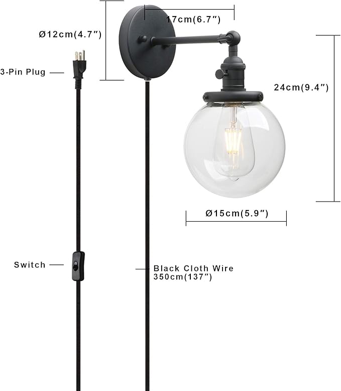 PERMO Plug in Wall Sconce with 5.9" Round Globe Clear Glass Shade and On/Off Switch Industrial Wall lamp Light Fixture 1-Light (Black)