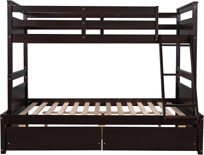 Twin Over Full Bunk Beds with 2 Under Bed Storage Drawers, Stronger & More Stable Bunkbed, Espresso