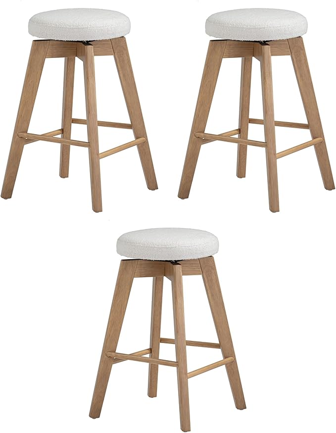 Nathan James Amalia Bohemian Swivel Bar Stool, Backless Counter Height Boucle Counter Stool with Solid Wood Legs and Upholstered Seat, White Oak Set of 3