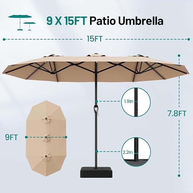 AreShark 15ft Patio Umbrella with Base, Double Sided Outdoor Umbrella with 12 Fiberglass Ribs, Large Outdoor Umbrella for Garden, Pool, Deck, Backyard & Market, Beige
