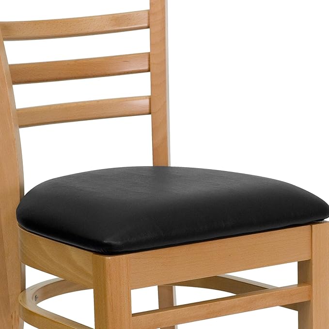 Flash Furniture HERCULES Series Ladder Back Natural Wood Restaurant Chair - Black Vinyl Seat