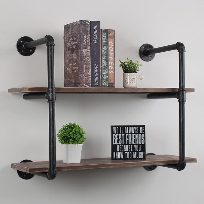 MBQQ Industrial Pipe Shelving Wall Mounted,30in Rustic Metal Floating Shelves,Steampunk Real Wood Book Shelves,Wall Shelf Unit Bookshelf Hanging Wall Shelves,Farmhouse Kitchen Bar Shelving(2 Tier)