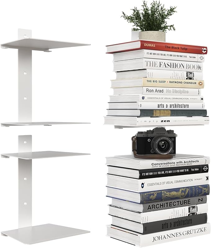Invisible Bookshelf for Wall, 4 Tier Floating Bookshelf Made of Heavy Duty Metal, Vertical Spine Book Tower Hanging Wall Bookshelf, Floating Book Shelves for Wall, 2 Pack White