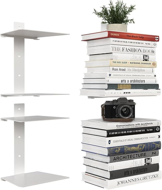 Invisible Bookshelf for Wall, 4 Tier Floating Bookshelf Made of Heavy Duty Metal, Vertical Spine Book Tower Hanging Wall Bookshelf, Floating Book Shelves for Wall, 2 Pack White