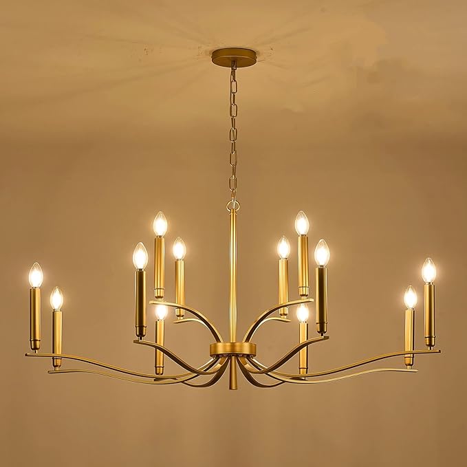 12 Light Gold Living Room Chandelier High Ceiling Foyer Candle Chandelier Large Modern Brass 44in Metal Chandeliers Hanging Light for Master Bedroom Dining Room Light Fixture Over Table
