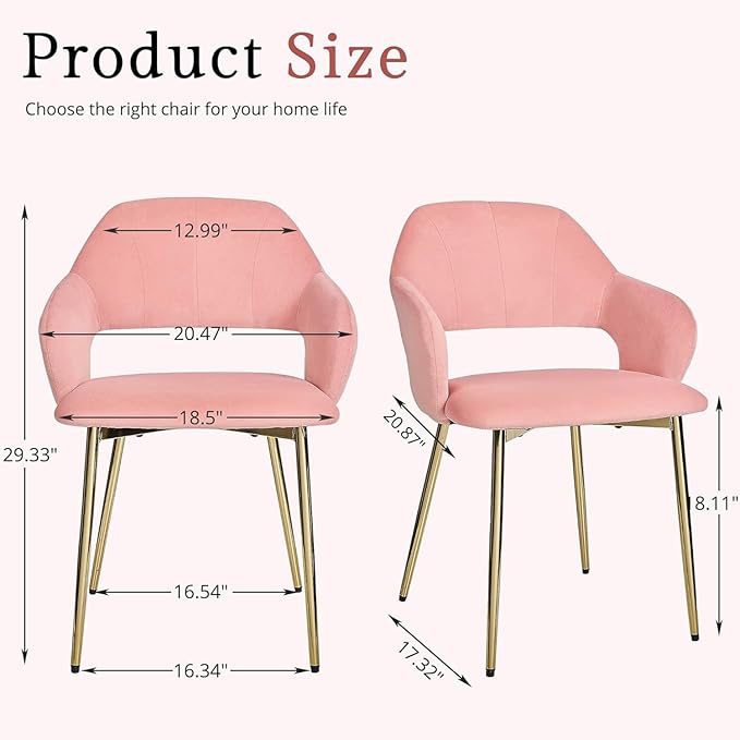 VECELO Velvet Dining Chairs Set of 4, Modern Upholstered Kitchen Chairs with Cushion, Padded Backrest and Metal Legs, Pink