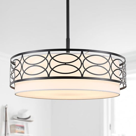 ALISADABOY Drum Chandeliers for Dining Room 21.65’’ Inch Modern Farmhouse Black Chandelier 5 Light Contemporary Hanging Pendant Light Fixture for Living Room Kitchen Island Foyer Entryway Stairway