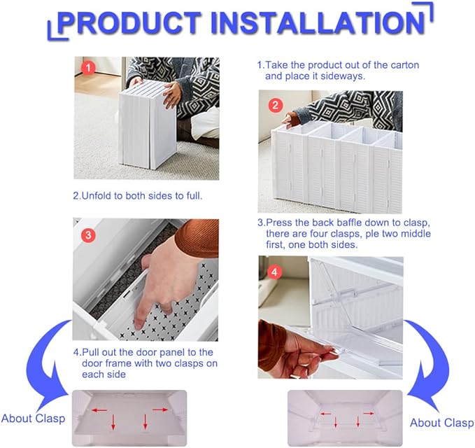 Shoe Rack Shoe Storage Box Bins Clear Collapsible Plastic Installation-Free Size up to 14, Stackable Foldable Tote with Lids Organizing Dustproof 6-Tiers