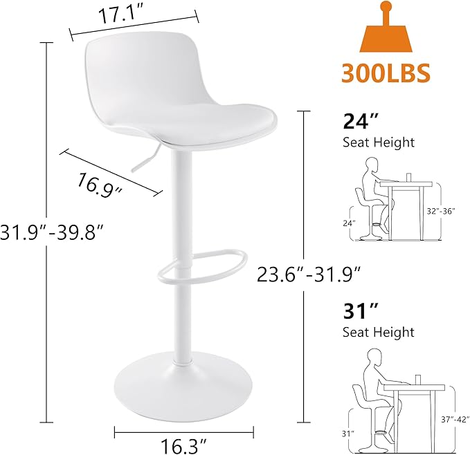 YOUTASTE Modern White Bar Stools Set of 2, Adjustable Swivel Counter Bar Chairs with PU Leather Upholstered Seat, Sturdy Metal Base, Perfect for Kitchen Island, Dining, or Home Bar