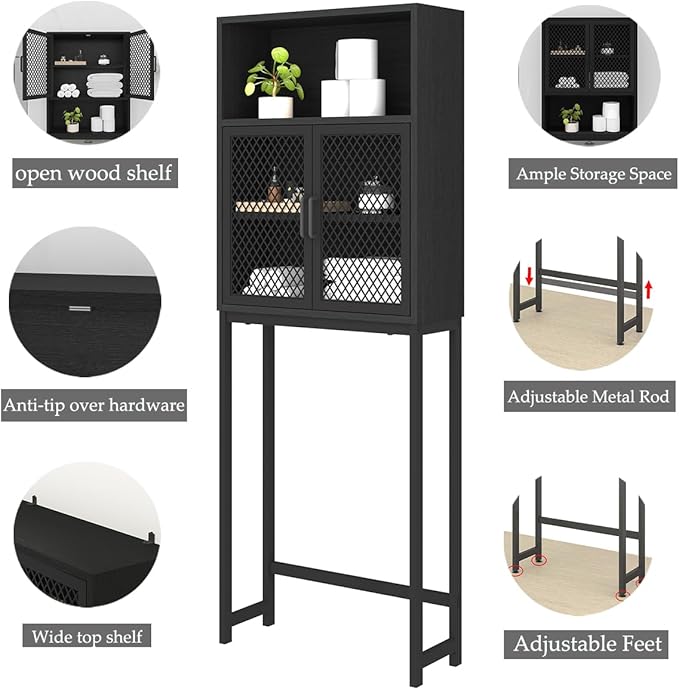 Launica Bathroom Organizer Over Toilet, Wood Metal Over The Toilet Storage, Industrial Bathrooms Space Saver Shelf Over Toilet, Freestanding Bathrooms Cabinet Above Toilet wtih Rack, Black Oak