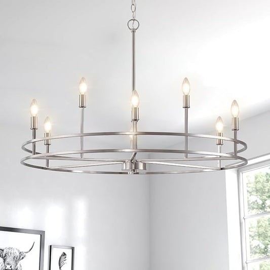 Modern Brushed Nickel Chandelier 9-Light Master Bedroom Chandelier Light Fixture Silver Metal Round Chandelier Living Room Lighting for Dining Room Bathroom Foyer Entrance, 35in