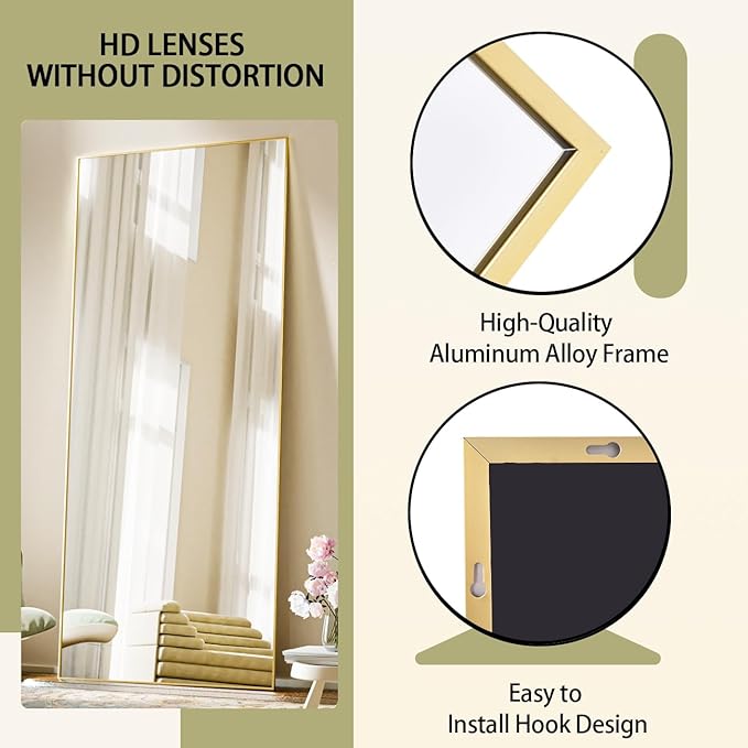 BEAUTYPEAK Full Length Mirror, 71"x26" Standing Hanging or Leaning Against Wall Floor Mirrors Body Dressing Wall-Mounted for Living Room, Bedroom with Aluminum Alloy Thin Frame, Gold