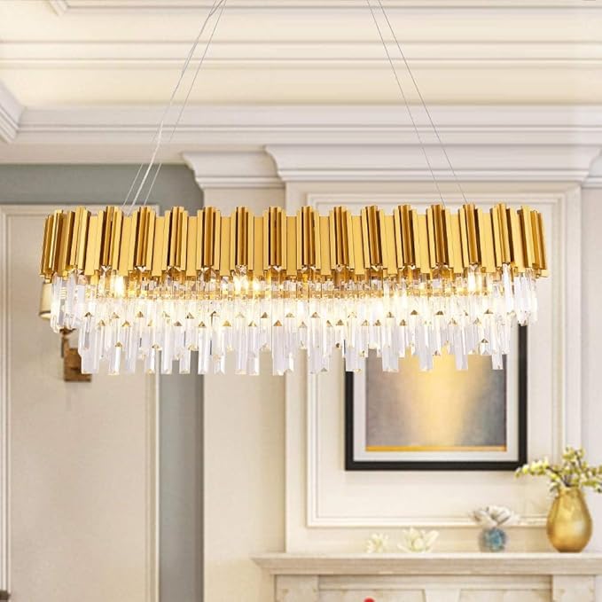W43.3 Modern Crystal Chandelier - Luxury Pendant Ceiling Light for Dining Room, Kitchen Island, or Living Room - Oval Raindrop Contemporary Chandelier with Gold Finish.