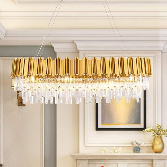 W43.3 Modern Crystal Chandelier - Luxury Pendant Ceiling Light for Dining Room, Kitchen Island, or Living Room - Oval Raindrop Contemporary Chandelier with Gold Finish.