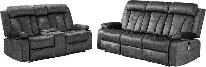 Electric Power Reclining Sofa Set - 3-Seater with Flip-Top Console & Massage Heat, Faux Leather Dual Recliner with USB Ports & Storage, Perfect for Living Room Comfort & Convenience (Gray)