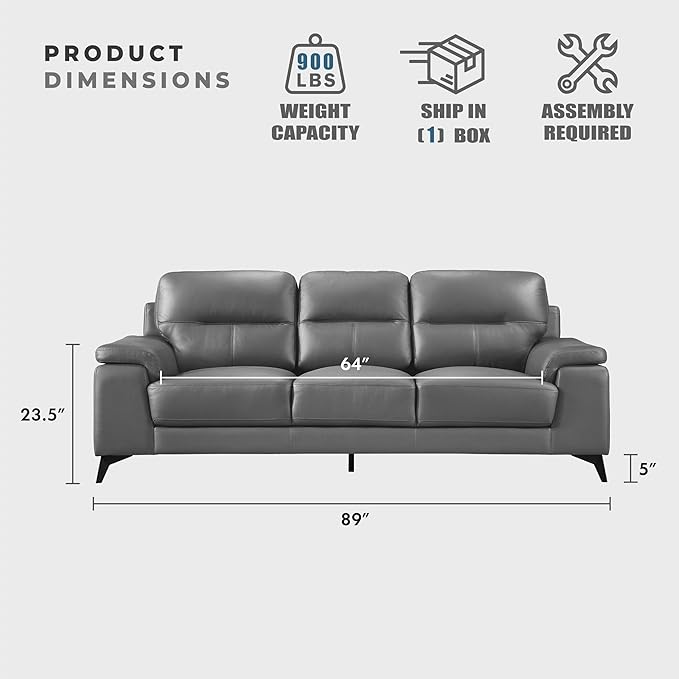 Lexicon Leather Couch, Modern Couch Sofa, Top Grain Leather Match Sofa, Oversized Sofa for Living Room, Bedroom, Office, Apartment, 3-Seater Couches, Dark Gray