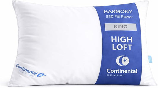 Continental Bedding Harmony White Goose Down Pillow 550 Fill Power Firm Loft 100% Cotton 300 Thread Count Shell King Size 1 Pack Made in USA