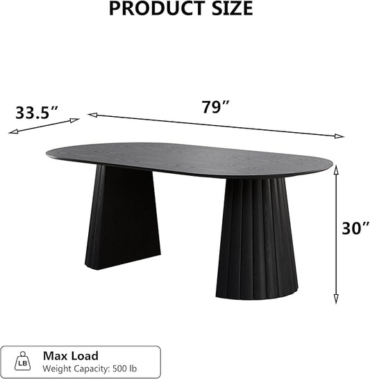 Casaphoria 79" Oval Dining Table, Modern Wood Kitchen Table with Cone Shaped Stripe Convex Base for Living Room & Dining Room, Easy Assembly Farmhouse Furniture for 6-8, Black