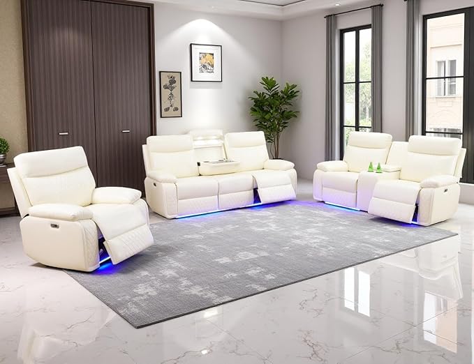 Power Recliner Sofa Set, Breathing Leather Reclining Sofa Set, Recliner Couch Loveseat and Chair with Cup Holders/Charging, Living Room Set with Recliners for Home Theater/Office, Cream White