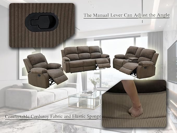 Peanut Brown Corduroy Manual Reclining Sofa Set with Recliner Seats, Living Room Furniture Sets, 3PCS Recliner Sofa with Drop-down Table, Cup Holders and Storage Console for Living Room,Office