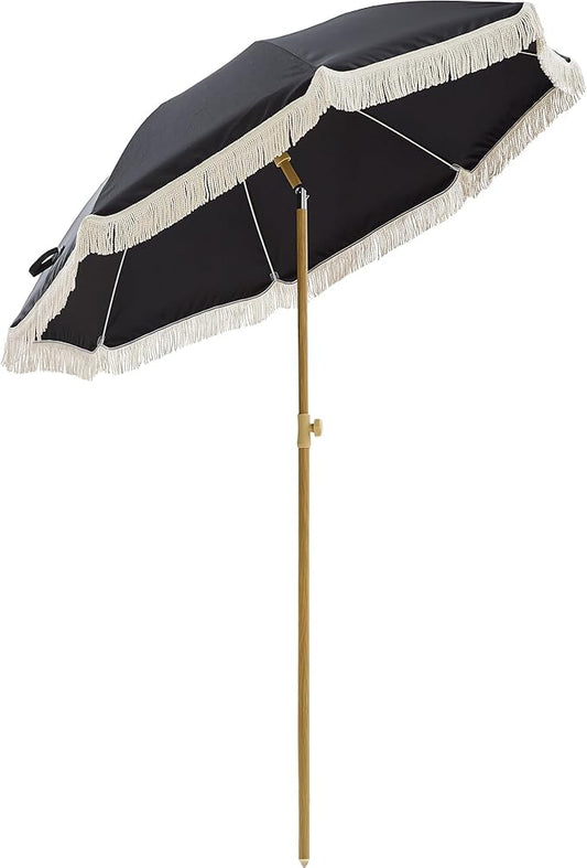 6.5FT Boho Patio Umberlla with Fringe,UPF50+ Outdoor Umbrella with Fiberglass Ribs and Push Button Tilt,Tassels Umbrella for Beach,Terrace,Picnic