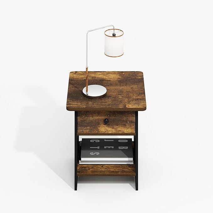 Furinno Modern Side Table, Square End Table with Storage Bin, Round Corner Night Stand, Bedside Table with Storage Shelf, for Living Room, Bedroom, Amber Oak