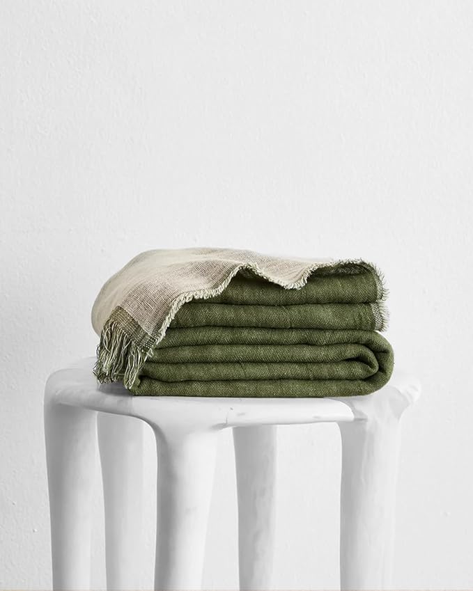 Bed Threads - Linen Muslin Throw - 100% French Flax Linen - Double-Layered & Frayed Edge - Eco-Friendly - Soft & Delicate Blanket - Two-Tone Design - Machine Washable - 87” x 59” - Oatmeal/Olive