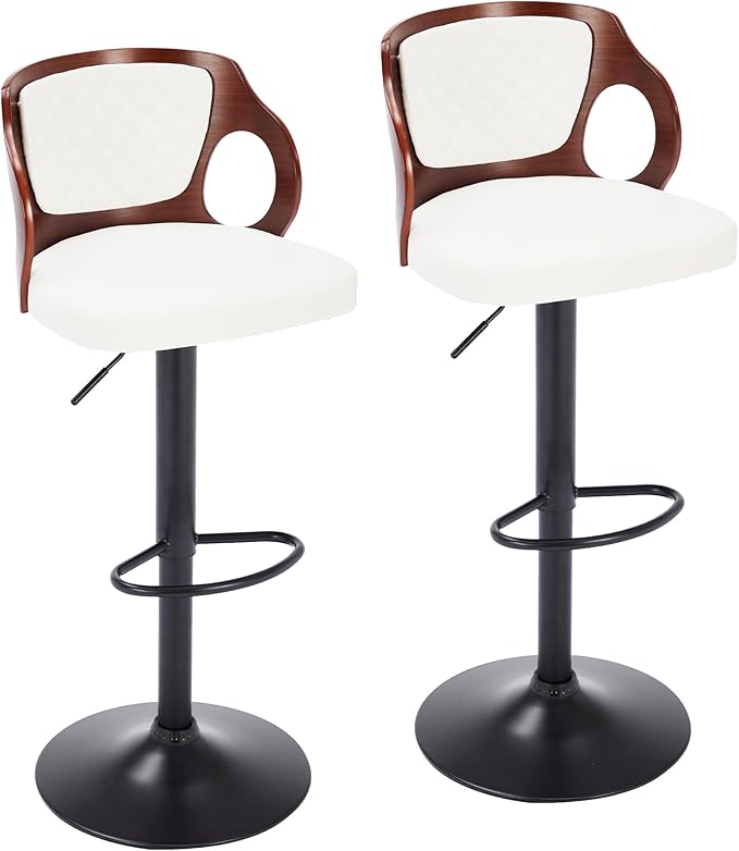 VECELO BarStools Set of 2,Counter Height Stools with Bentwood Back&Arm, Swivel Barstools,PU Leather Kitchen Island Stools, Adjustable Height Bar Chairs for Club Pub Dining Room,White