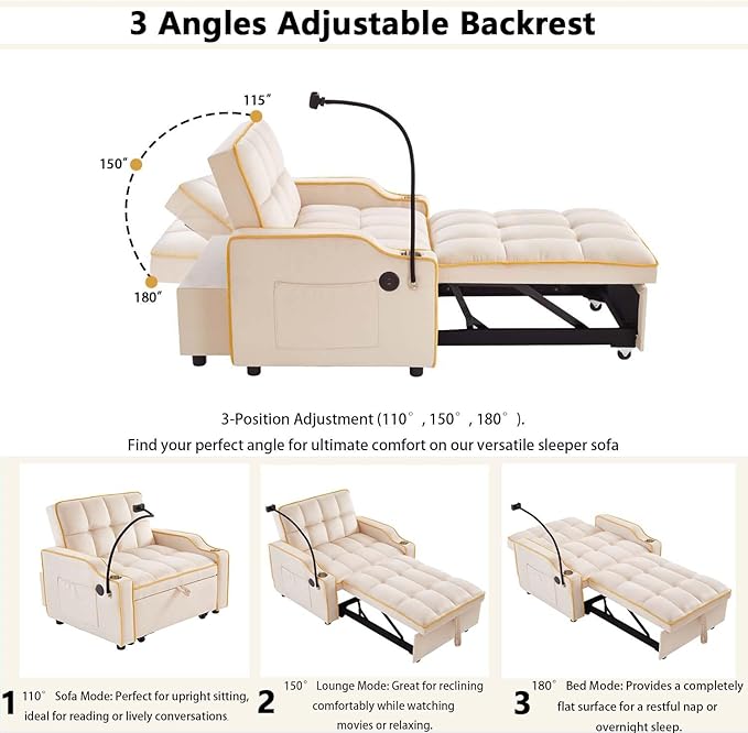 Convertible Sofa Bed, 3 in 1 Futon Sofa Bed with USB Charging Ports, Cup Holder, Phone Stand & Pocket, Modern Upholstered Sleeper Sofa for Living Room, Apartment or Small Space (Beige)