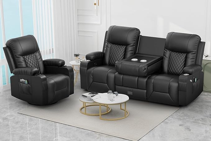 FURNIMAT Recliner Sofa Set with 3+1 Pieces in Living Room, 3 Seater Reclining Sofa with Flip Back Console, 1 Recliner Chair with 360 Degree Swivel Single Sofa Seat