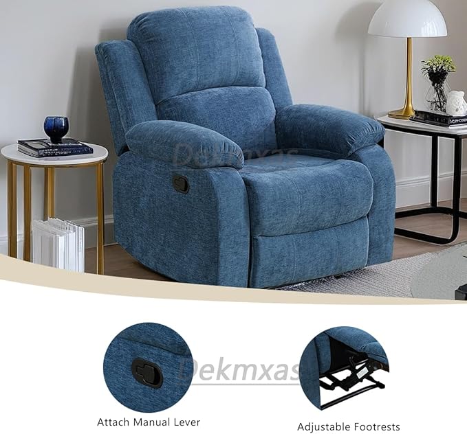 Fabric Recliner Chair Contempary Manual Motion Reclining Chair Living Room Furniture Microfiber Single Recliner with Overstuffed Arm & Back for Living Room/Bedroom/Office/Rv Car (Blue, Chair)