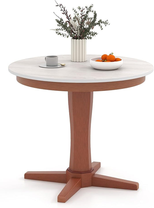 COSTWAY Round Table for 4 People, Wood Kitchen Table w/Rubber Wood Frame, Pedestal Base, Farmhouse Mid Century Dinner Table for Restaurant