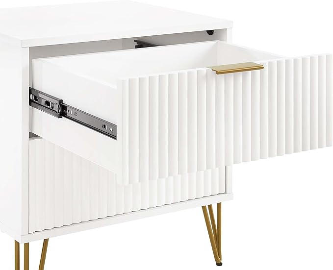 Manhattan Comfort Dumbo Fluted Nightstand with 2 Drawers, Gold Metal Legs and Metal Handles, Snap Tool-Free Assembly, Modern Bedside Accent Table with Storage for Bedroom, Living Room, Office in White
