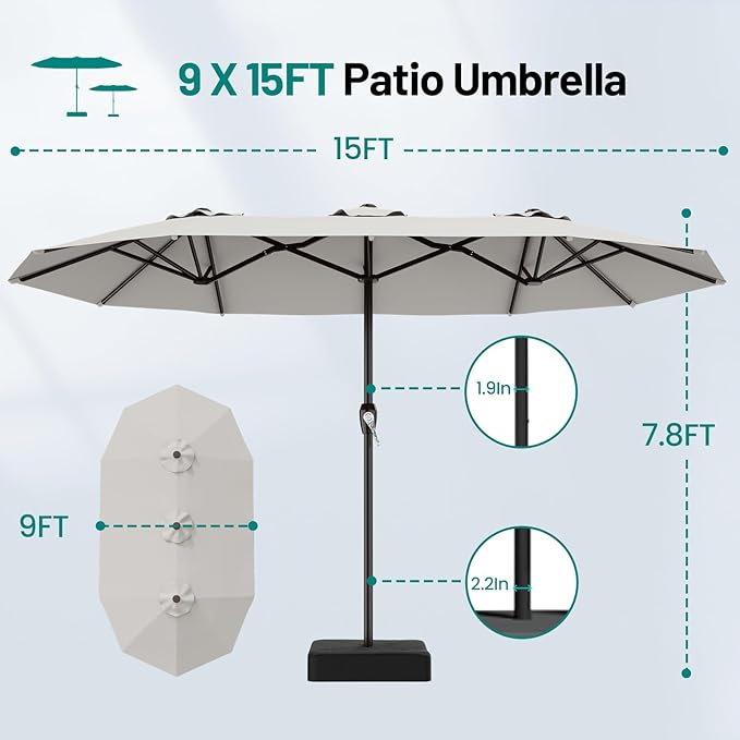 AreShark 15FT Outdoor Patio Umbrella with Crank, Large Rectangular Market Umbrella, Double-Sided Outdoor Umbrellas with Cross Base & Sandbag for Porch, Lawn, Pool, Backyard, Light Gray