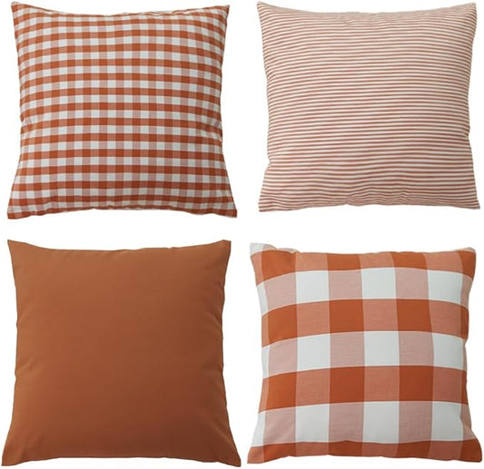 HOPLEE Orange Fall Pillow Covers 24x24 Farmhouse Throw Pillow Cover Cushion Cover with Buffalo Plaid, Solid Orange, Striped and Gingham Plaid Design 24x24 inches,4 Pack
