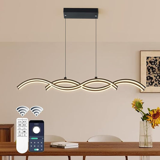Modern LED Pendant Lights, Dimmable 39in Linear Wave LED Chandelier Lighting, Black Dining Room Hanging Light Fixtures Kitchen Island Linear Pendant Light for Dining Table (4200lm,Upgraded)