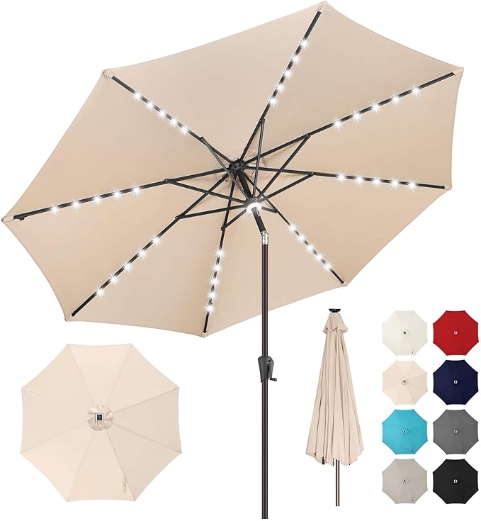 10ft Solar Umbrella Outdoor - Lighted Solar Patio Umbrella with 40 LED Lights Waterprool UV Protection, Table Umbrella with Tilt for Pool, Porch, Garden, Deck, Backyard (Beige)