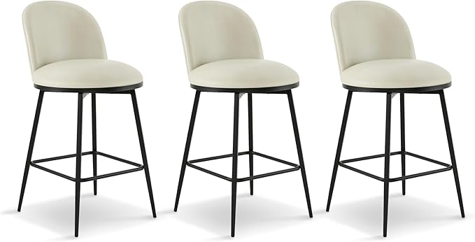 Swivel Bar Stools Set of 3, 26" H Upholstered Faux Leather Barstools with Backs,Counter Height Stools with Metal Legs for Kitchen Island,Cream,1 Box