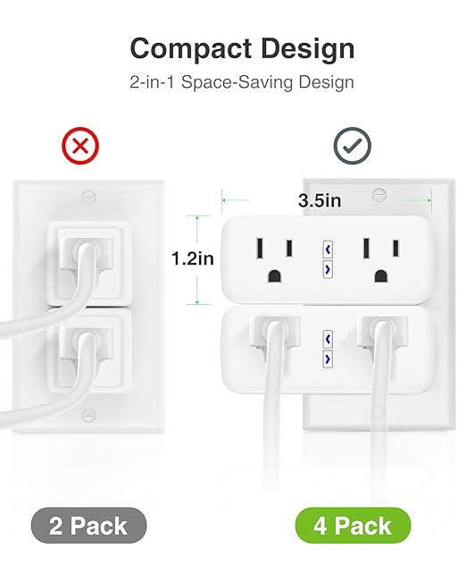 15A Dual Smart Plug 4 Pack, GHome Smart Plugs That Work with Alexa and Google Home, 2-in-1 Compact Smart Outlet Timer with APP Remote Control, 2.4GHz Wi-Fi Only, No Hub Required, FCC Listed