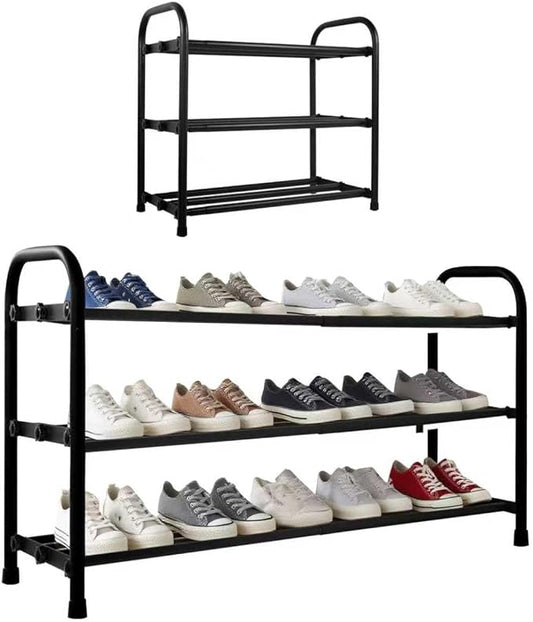 HESPULA 3-Tier Shoe Rack，Stainless Steel Shoe Organizer Storage Shelf，No Tools Required Hand-Tightened Screws，Space Saving for Entryway，Closet，Garage (Black)