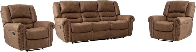 EBELLO Manual Recliner Sofa Set, Faux Leather Reclining Living Room Set, Included Two Single Recliner Chairs and One 3-seat Manual Sofa, Vintage Rivet Mid-Century Design for Living Room, Brown
