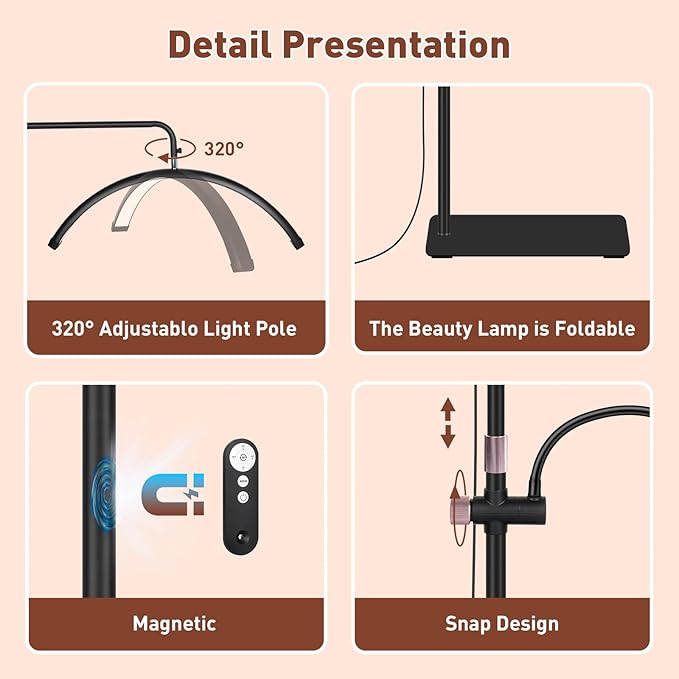 HITTI Half Moon Lash Light -Professional Eyelash Extensions LED Lamp with 5X & 10X Magnifier, Phone Holder & Remote for Esthetician, Nail Tech, Tattoo, Skincare, Salon SPA, Craft, Sewing - Black