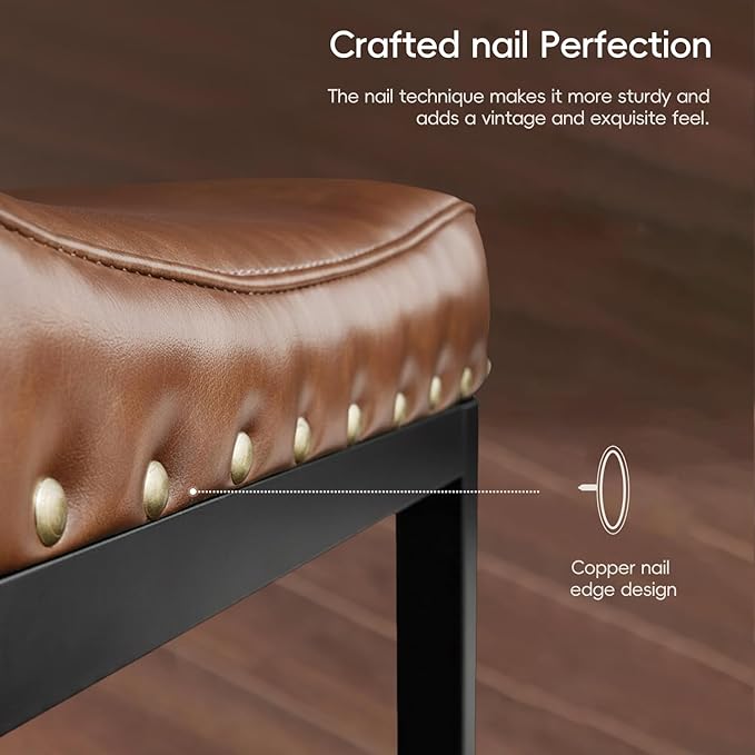 Counter Height Bar Stools Set of 2, 25.5 Inch, Industrial Vintage Bar Stool with Nailhead, Faux Leather Barstool with Footrest, Saddle Stool for Kitchen Island, Dining Room, Easy Assembly