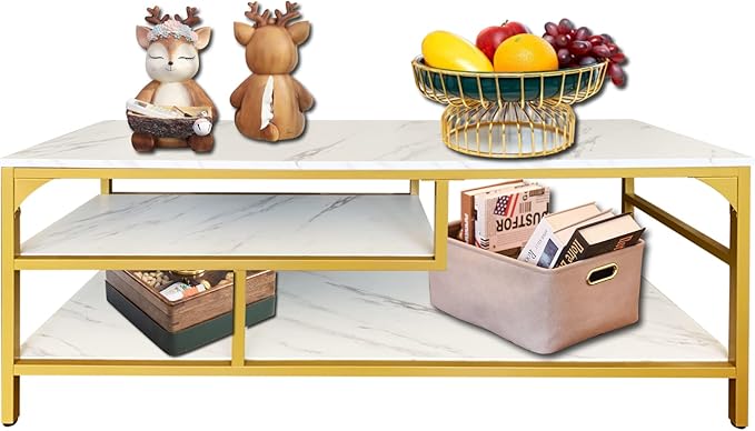 AT-VALY 3-Tier Stand for TV Media Console Table with Open Shelving Storage for Living Room Bedroom (Gold Frame with White Faux Marble top PB Board)