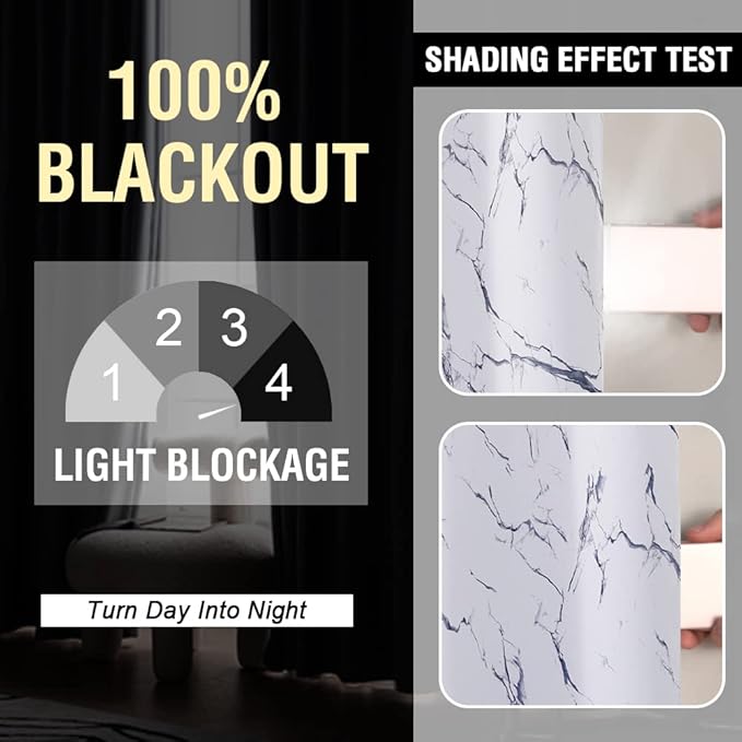 H.VERSAILTEX 100% Blackout Curtains 96 inch Length 2 Panels Set Marble Designs Printed Drapes Thermal Curtains for Bedroom with Black Liner Sound Proof Curtains, Dark Blue