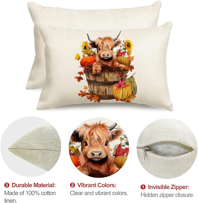 RABUSOFA Fall Decor Pillow Covers 12x20 Inch Lumbar Highland Cow Autumn Fall Decorations for Home Outdoor Thanksgiving Sunflower Decor Decorative Throw Pillow Cases for Couch